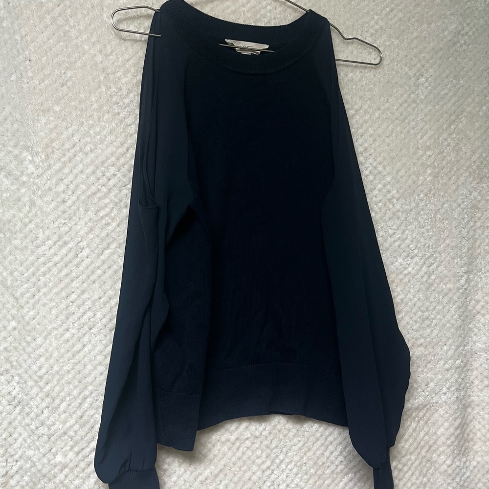 LOFT Navy Blue Knit Sweater Long Sleeves Open Shoulder Cotton Blend Medium